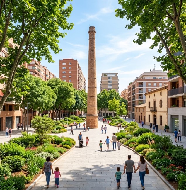 Vistas de las zonas peatonales, los grandes bloques residenciales y el entorno verde de Sant Martí de Provençals